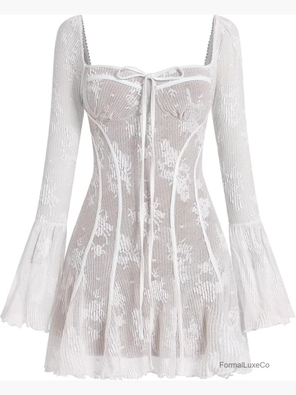 Long Sleeve Corset Mini Dress Lace Empire Waist A-Line Y2k Party